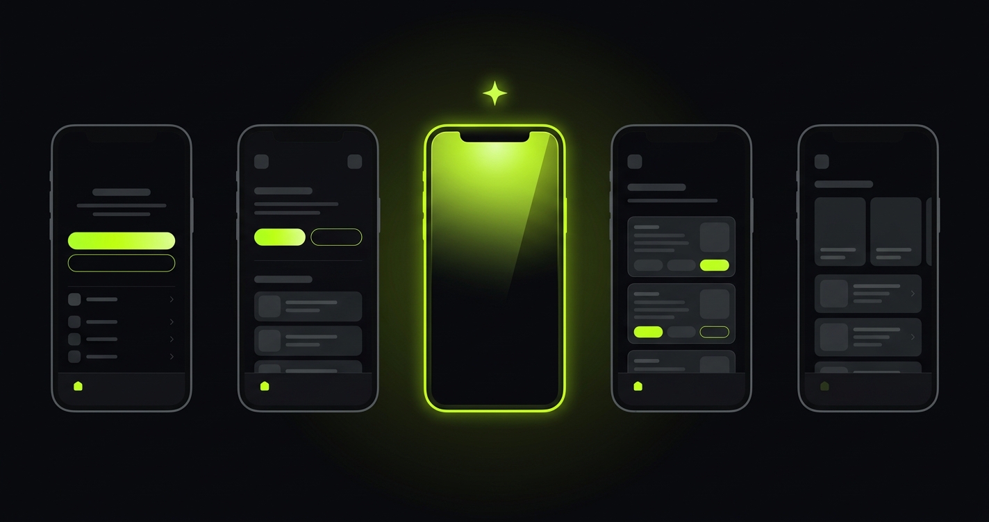 Fünf Smartphone-Silhouetten im Vergleich, mittleres Phone hervorgehoben