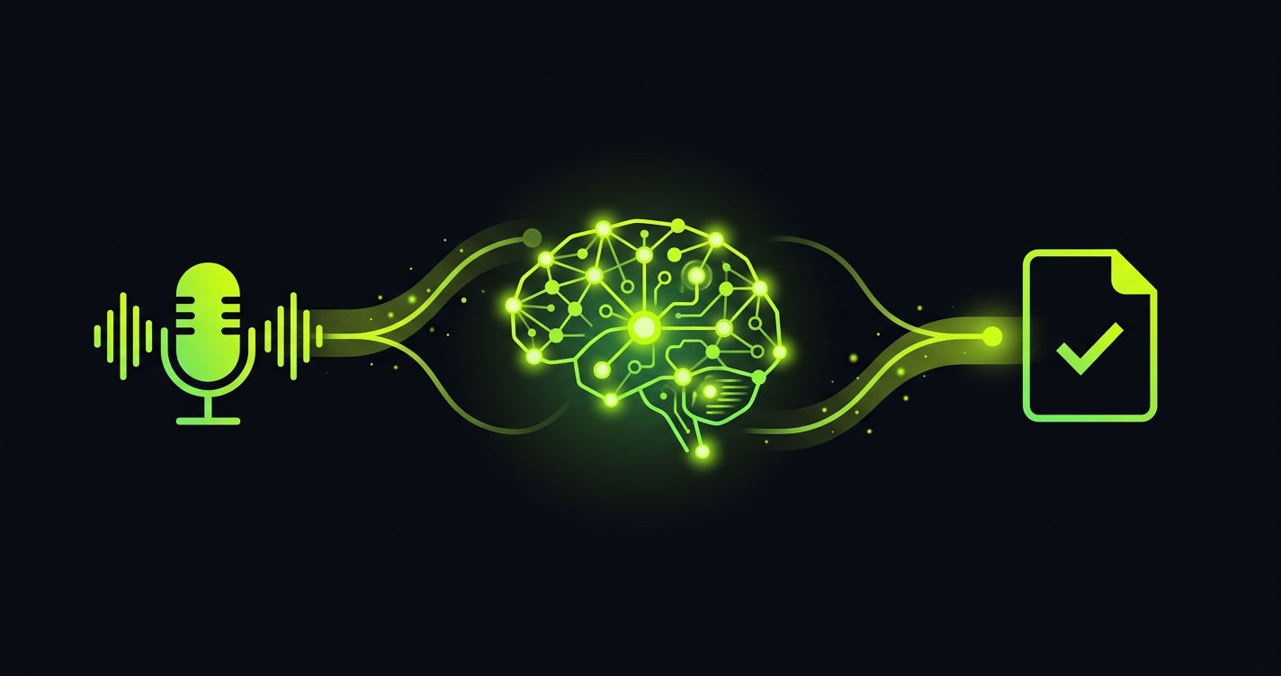 Workflow von Mikrofon über KI-Gehirn zu PDF-Dokument