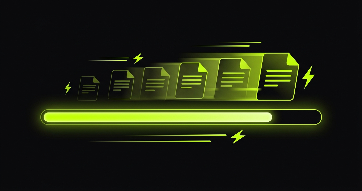 Progress-Bar mit Dokumenten-Sequenz und Blitz-Symbolen