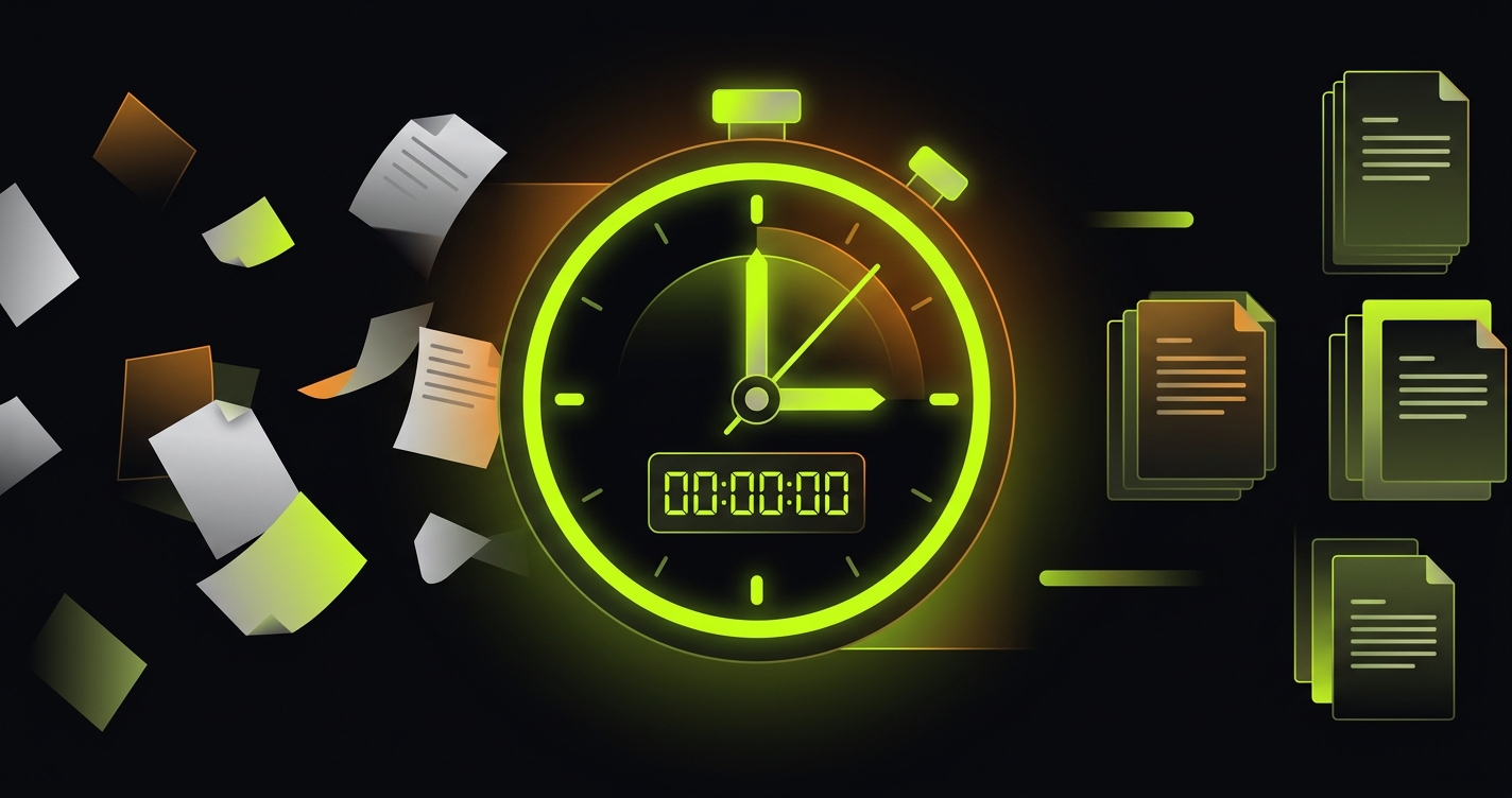 Stoppuhr mit Dokumenten die sich von Chaos zu Ordnung sortieren